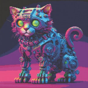 May include: A colorful, pixelated illustration of a robotic cat with glowing green eyes. The cat is made of metal gears and parts, and has a pink and blue color scheme.
