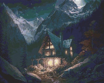 ビンテージ絵画　文化刺繍 山小屋　雪化粧した山脈 ハンドメイド ファンタジー山小屋の夜 1 クロスステッチ パターン デジタル