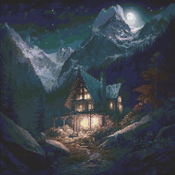 ファンタジー山小屋の夜 1 クロスステッチ パターン デジタル