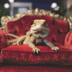 Bearded Dragon on Miniature Couch Cross-Stitch Pattern Digital Download