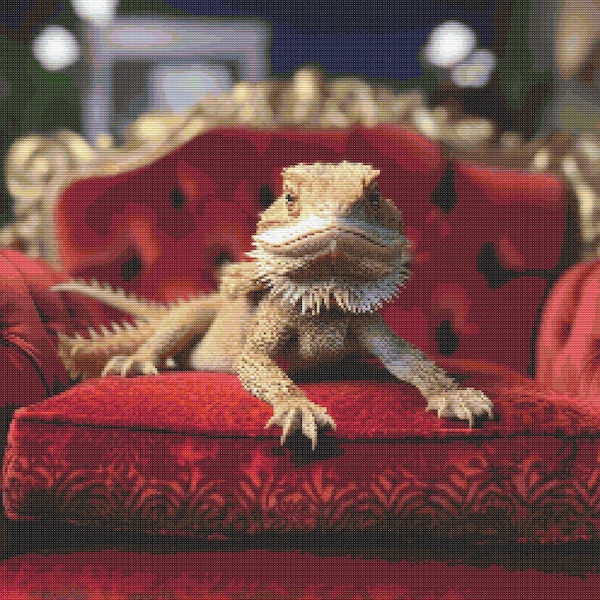 Bearded Dragon on Miniature Couch Cross-Stitch Pattern Digital Download