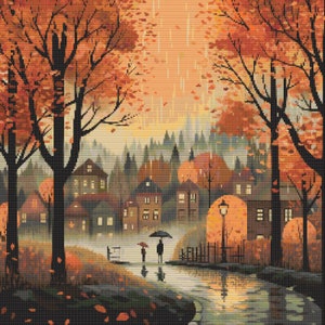 Könnte beinhalten: Ein digitales Gemälde einer kleinen Stadt im Herbst. Die Bäume sind in leuchtendem Orange und Rot gehalten, die Häuser in einem warmen Braun. Der Himmel ist zartblau und es regnet leicht. Zwei Personen gehen unter einem Regenschirm die Straße entlang.