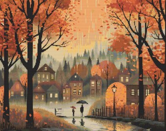 May include: A digital painting of a small town in the fall. The trees are a vibrant orange and red, and the houses are a warm brown. The sky is a soft blue, and there is a light rain falling. Two people are walking down the street under an umbrella.