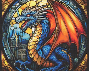 Vidriera de dragón medieval 1 Patrón de punto de cruz Descarga digital