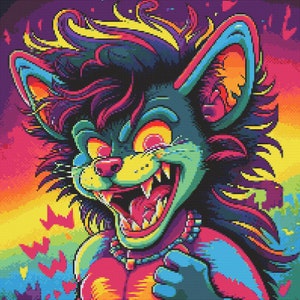 May include: A digital illustration of a colorful, cartoon-style creature with a mischievous grin. The creature has a bright green body, yellow and purple hair, and a red tongue sticking out. The background is a vibrant rainbow gradient.