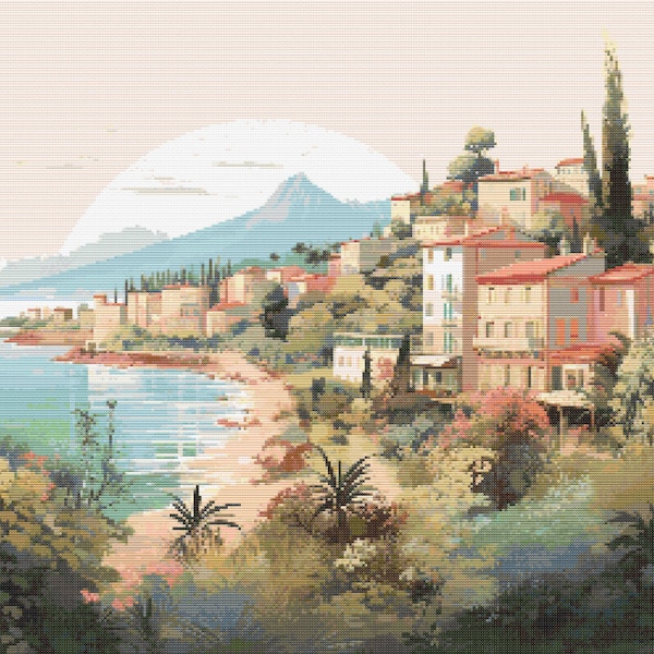 French Riviera Scene 1 Cross-Stitch Pattern Digital Download