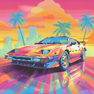 May include: A bright orange and pink sports car with a white stripe drives on a colorful, striped road. The car is set against a backdrop of a sunset with palm trees and a city skyline.