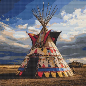 May include: A colorful teepee with a black and white patterned design stands in a field against a blue sky with white clouds. The teepee has a brown and tan base with a red, white, and blue striped border. The teepee is decorated with a variety of geometric shapes and patterns.