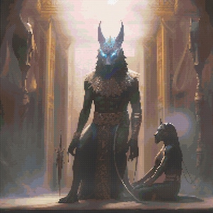 May include: A large, imposing figure with a jackal head wearing a golden headdress and a dark robe stands in a dimly lit room. A smaller figure with a jackal head sits at the figure's feet.