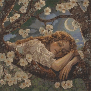 May include: A woman sleeps peacefully under a tree with white blossoms, a crescent moon shines in the night sky.