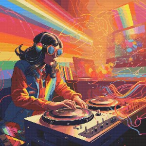 May include: A person wearing headphones and sunglasses is mixing music on a DJ mixer. The mixer has two turntables and a control panel with knobs and buttons. The background is a colourful abstract design with rainbow colours.