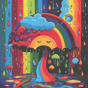 May include: A colourful rainbow umbrella with a smiling sun face and a cloud on top. The umbrella is surrounded by raindrops and colourful swirls.