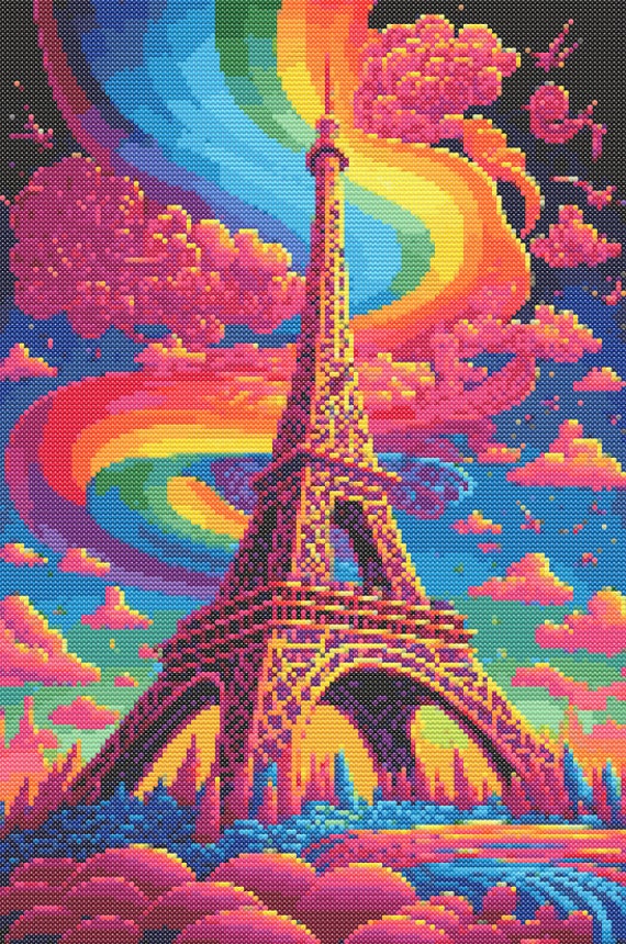 レインボー エッフェル塔 (パリ) クロスステッチ パターン デジタル