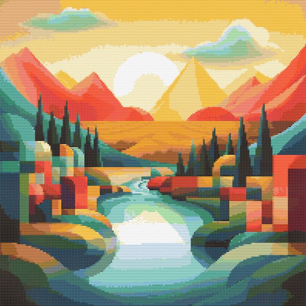 Geometric Landscape in Bright Colors 3 Cross-Stitch Pattern Digital Download