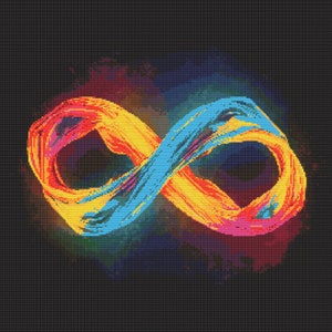 May include: A colorful infinity symbol rendered in a brushstroke style. The symbol is composed of two loops, one yellow and orange, the other blue, intertwined to form the infinity symbol. The background is a dark, textured, abstract design.