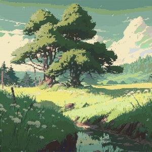 Anime Meadow and Trees Cross-Stitch Pattern Digital Download