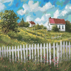 White Picket Fence Scene 8 Cross-Stitch Pattern Digital Download