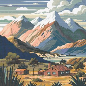 May include: A painting of a mountain landscape with a small red house in the foreground. The mountains are a mix of blue, green, and brown, with snow on the peaks. The sky is a light blue with white clouds.