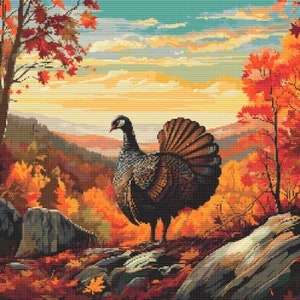 May include: A wild turkey stands on a rocky outcropping in a forest setting. The turkey has its tail feathers fanned out and is looking to the left. The forest is in autumn colors of red, orange, and yellow.