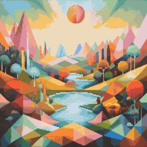 Geometric Landscape in Bright Colors 1 Cross-Stitch Pattern Digital Download