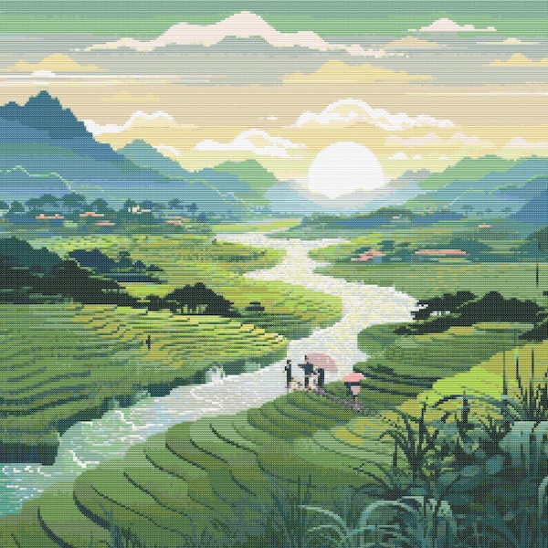 Rice Paddies Scene 1 Cross-Stitch Pattern Digital Download