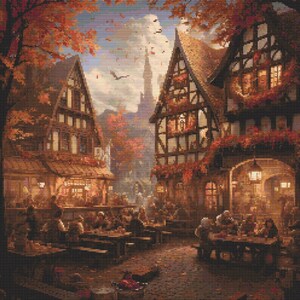 Könnte beinhalten: Ein Gemälde eines mittelalterlichen Dorfes bei Nacht mit zwei Gebäuden, die von Laternen beleuchtet werden. Die Gebäude haben Holzrahmen und sind mit Herbstlaub geschmückt. Menschen versammeln sich vor den Gebäuden und genießen den Abend.