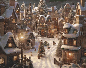 Op de afbeelding: Een besneeuwde winterse dorpsscène met pittoreske huizen, een kerstboom en vallende sneeuw. De huizen zijn versierd met lichtjes en hebben besneeuwde daken. De scène wordt verlicht door lantaarns en de gloed van ramen.