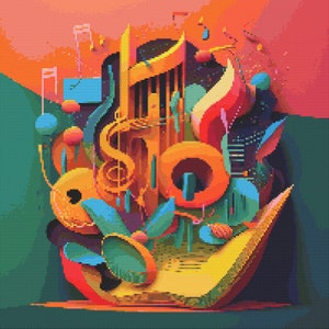 Peut inclure: Une illustration abstraite colorée d'instruments de musique et de notes. L'image présente un mélange vibrant de teintes orange, jaune, rouge, vert et bleu. Les instruments comprennent une harpe, une trompette et un tambour. Les notes sont stylisées et abstraites, créant une composition dynamique et énergique.