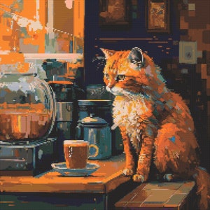 Orange Coffee Cat Cross-Stitch Pattern Digital Download