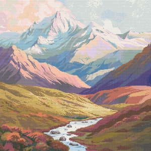 May include: A painting of a mountain range with a river flowing through a valley. The mountains are a mix of blue, purple, and pink, with snow-capped peaks. The valley is green and brown, with a winding river flowing through it.