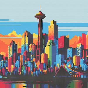 May include: A colorful pixelated cityscape with a tall skyscraper in the center. The city is set against a blue sky with orange and yellow clouds. The buildings are in various shades of red, orange, yellow, green, blue, and purple.