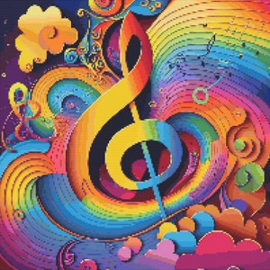 May include: A colorful abstract design featuring a large treble clef with rainbow swirls and musical notes. The background is a dark blue with hints of purple and green.