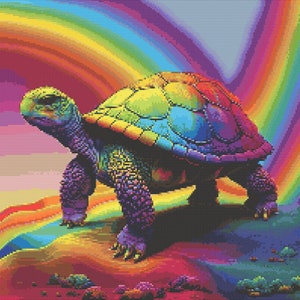 May include: A colorful rainbow arches over a vibrant, multi-colored turtle walking on a rainbow-hued landscape.