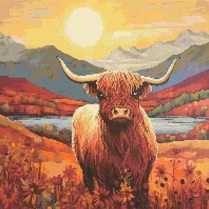 Scottish Highland Cow Scene 2 Cross-Stitch Pattern Digital Download