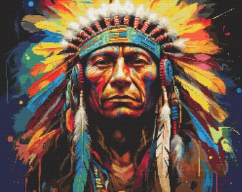 Indian Chief in Bright Colors 8 Cross-Stitch Pattern Digital Download