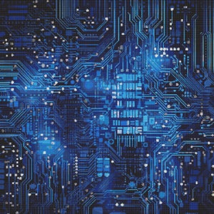 May include: Abstract digital art featuring a blue and white circuit board pattern. The design resembles a complex network of interconnected lines and squares, creating a futuristic and technological aesthetic.