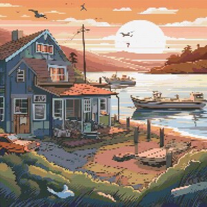 Könnte beinhalten: Ein blaues Haus mit einer Veranda steht an einem felsigen Ufer mit einem Boot im Wasser. Die Sonne geht hinter dem Haus unter und taucht die Szene in ein warmes Licht.