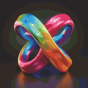 May include: Abstract sculpture of two intertwined rings, one blue and green, the other pink and orange, against a black background.