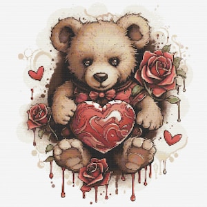 Teddy Bear with Hearts and Flowers Cross-Stitch Pattern Digital Download