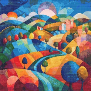 May include: A colorful abstract painting of a landscape with rolling hills, a winding blue river, and trees in shades of green, blue, and yellow.