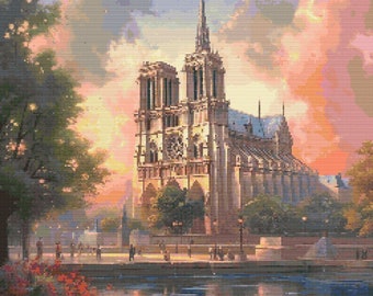 Notre Dame Cathedral at Sunset Cross-Stitch Pattern Digital Download