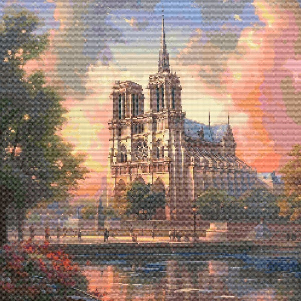 La cathédrale Notre-Dame au coucher du soleil, téléchargement numérique, modèle de point de croix