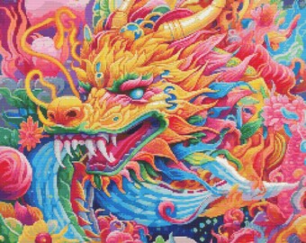 Dragón chino en colores brillantes 3 Patrón de punto de cruz Descarga digital