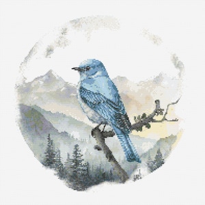 Puede incluir: Un pájaro azul posado en una rama con un paisaje de montaña en el fondo. El pájaro está mirando hacia la izquierda y tiene un cuerpo azul claro con una cola azul más oscura. El fondo es una pintura de estilo acuarela de montañas y árboles.