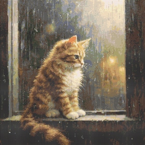 Orange Kitten in the Rain Cross-Stitch Pattern Digital Download