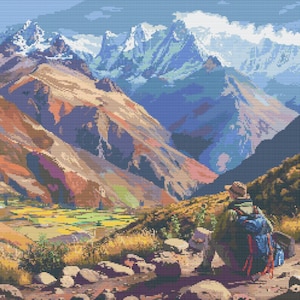 May include: A person with a backpack sits on a rocky path overlooking a valley with snow-capped mountains in the background. The valley is green and lush, with a river winding through it. The mountains are a mix of blue, purple, and white.