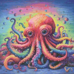 May include: A vibrant, multi-colored octopus with large, expressive eyes. The octopus is surrounded by a swirling background of rainbow colors and small, colorful dots.
