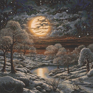 May include: A snowy winter scene with a full moon shining brightly in the night sky. The moon is surrounded by clouds and stars. There are trees in the foreground and a small pond in the middle of the scene.