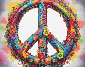 May include: A colorful peace sign made of flowers and swirls. The peace sign is white and the background is a light gray with a watercolor effect.