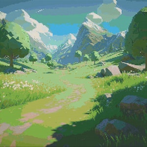 Anime Meadow and Mountains Cross-Stitch Pattern Digital Download